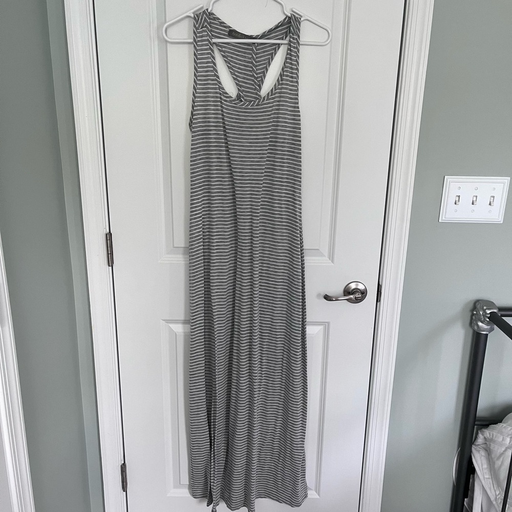 Dress maxi gray white stripe cotton large